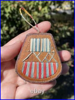 RARE Antique Native American Ottawa Birch Bark & Polychrome Quill Totem Ornament