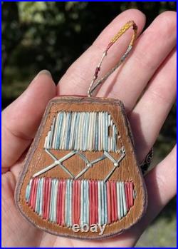 RARE Antique Native American Ottawa Birch Bark & Polychrome Quill Totem Ornament