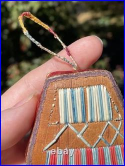 RARE Antique Native American Ottawa Birch Bark & Polychrome Quill Totem Ornament