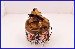 RARE Antique Sioux Lakota beaded Round Pouch Box Native American leather Bag VTG