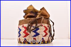 RARE Antique Sioux Lakota beaded Round Pouch Box Native American leather Bag VTG