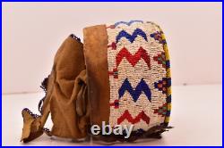 RARE Antique Sioux Lakota beaded Round Pouch Box Native American leather Bag VTG