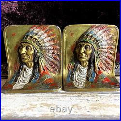 RARE Antique VTG Hand Painted Heavy Metal Native American Indian Chief Bookends