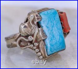 RARE BEAUTIFUL VINTAGE NAVAJO STERLING, TURQUOISE & CORAL OLD PAWN RING 8g