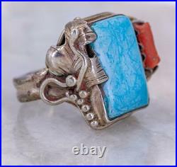 RARE BEAUTIFUL VINTAGE NAVAJO STERLING, TURQUOISE & CORAL OLD PAWN RING 8g