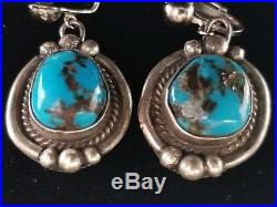 RARE Bisbee Blue Turquoise Sterling Silver Navajo Dangle Clip On Earrings c1950s