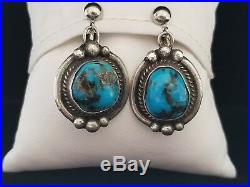 RARE Bisbee Blue Turquoise Sterling Silver Navajo Dangle Clip On Earrings c1950s