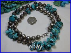 RARE Blue Diamond TURQUOISE STERLING Silver Thick NAVAJO PEARLS 24 onChain