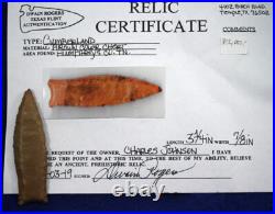 RARE Cumberland Point COA Authentic Prehistoric Arrowhead Native American Indian