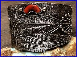 RARE Ervin Tsosie Navajo Kachina Sterling Tufa Cast & Coral Cuff Bracelet 116GR
