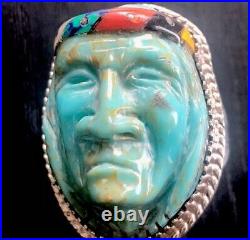 RARE FIRST NATIONS Native Warrior Carved Chief Face Turquoise Men's ring 9