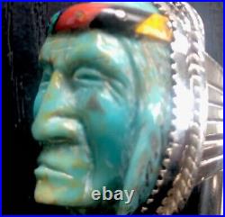 RARE FIRST NATIONS Native Warrior Carved Chief Face Turquoise Men's ring 9
