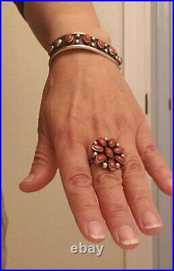 RARE Genuine Native American SILVER & CORAL BRACELET AND RING Set