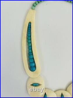 RARE Gorgeous Vintage Native American Bone And Turquoise Bib Necklace