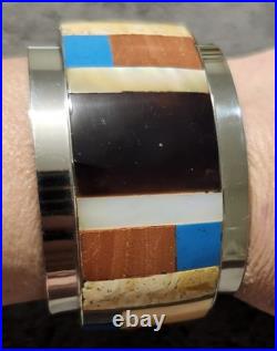 RARE HM Vtg Native American Multi-Stone Inlay Sterling Silver Cuff Bracelet