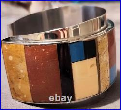 RARE HM Vtg Native American Multi-Stone Inlay Sterling Silver Cuff Bracelet