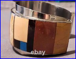 RARE HM Vtg Native American Multi-Stone Inlay Sterling Silver Cuff Bracelet