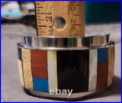 RARE HM Vtg Native American Multi-Stone Inlay Sterling Silver Cuff Bracelet