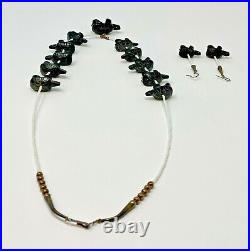 RARE Hand Carved Zuni Fetish Black Turtle Sterling Vintage Necklace Earrings Set