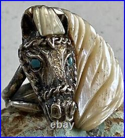 RARE Hopi JOHNNY BLUE JAY 3D Sterling MOP & Turquoise Horse Head Ring Size 11 C