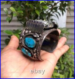 RARE ITEM! AMERICAN Native Navajo Sterling Silver Turquoise Watch Bracelet Vtg