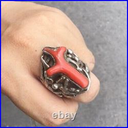 RARE ITEM! AMERICAN VINTAGE CORAL NATIVE STERLING SILVER MEN'S Ring Size 11.5