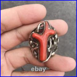 RARE ITEM! AMERICAN VINTAGE CORAL NATIVE STERLING SILVER MEN'S Ring Size 11.5