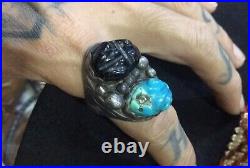 RARE ITEM! American Native desig Frog Black Sterling silver Size 10.5 Ring Vtg