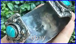 RARE ITEM NATIVE AMERICAN TURQUOISE WATCH CUFF STERLING SILVER BRACELET Vtg Mens
