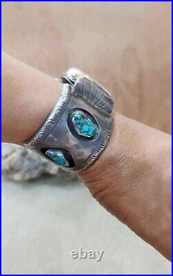 RARE ITEM NATIVE AMERICAN TURQUOISE WATCH CUFF STERLING SILVER BRACELET Vtg Mens