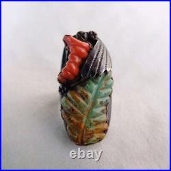 RARE ITEM! Native American Sterling Silver Coral &Turquoise Size 13 Mens Great