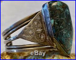 RARE Large Old Pawn Harvey Era Navajo Thick Sterling Cuff Bracelet Gem Turquoise
