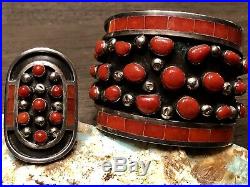 RARE MUSUEM Zuni Jobeth Mayes Maize Sterling & Gem Red Coral Bracelet + Ring Set