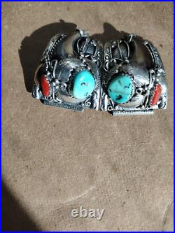 RARE Mans Sterling Turquoise Coral BEAR CLAWS Native American Watch Band 34.7 gm