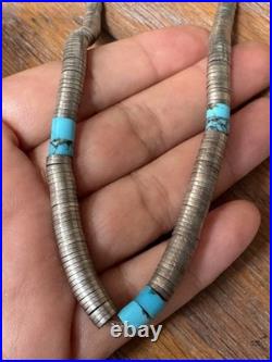 RARE-NATIVE AMERICAN TURQUOISE SILVER DISCS Graduated NECKLACE STERLING 76 g