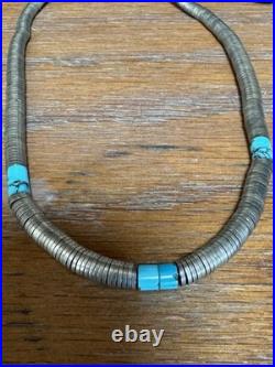 RARE-NATIVE AMERICAN TURQUOISE SILVER DISCS Graduated NECKLACE STERLING 76 g