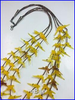 RARE Native American Carved Amber Zuni Fetish 3 Strand Hummingbird Necklace