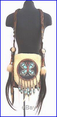 RARE Native American Hopi Leather Turquoise Sterling Silver Elkhorn Purse Bag