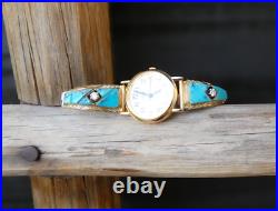 RARE Native American Sterling Silver 12K GF Turquoise CZ Inlay Watch Band