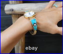 RARE Native American Sterling Silver 12K GF Turquoise CZ Inlay Watch Band