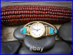 RARE Native American Sterling Silver 12K GF Turquoise CZ Inlay Watch Band