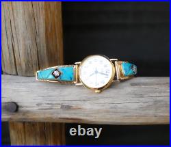 RARE Native American Sterling Silver 12K GF Turquoise CZ Inlay Watch Band