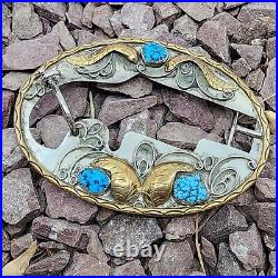 RARE Native American Sterling Silver Turquoise & Gold Tone Derringer Belt Buckle