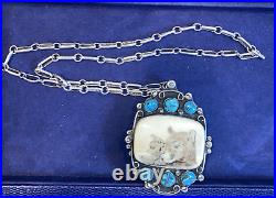 RARE Native American scrimshaw, turquoise, & SS pendant necklace with chain