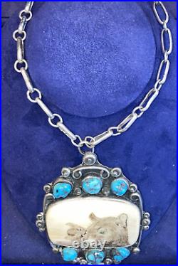 RARE Native American scrimshaw, turquoise, & SS pendant necklace with chain