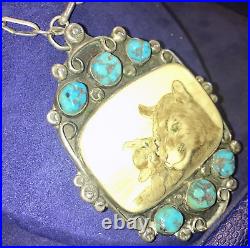 RARE Native American scrimshaw, turquoise, & SS pendant necklace with chain