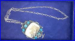 RARE Native American scrimshaw, turquoise, & SS pendant necklace with chain