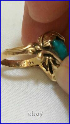 RARE Navajo 14k Solid Yellow Gold Ring Genuine Turquoise Museum Quality Size 6.5