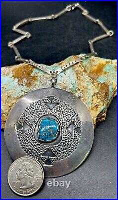 RARE Navajo Carl Luthy Shop Large Sterling & Gem Blue Turquoise Pendant Necklace