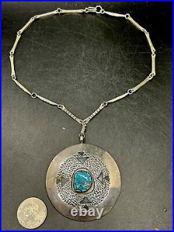 RARE Navajo Carl Luthy Shop Large Sterling & Gem Blue Turquoise Pendant Necklace